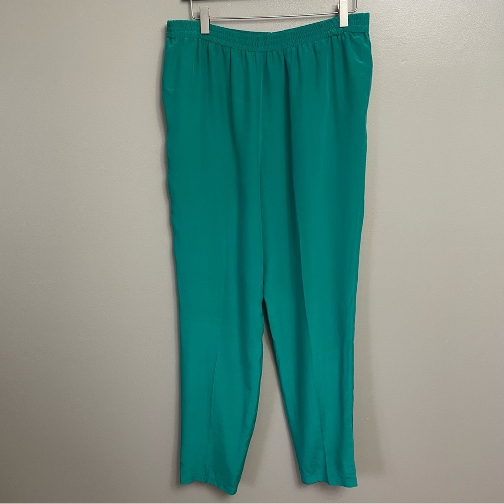 Womens Medium silk pants green elastic waistband trouser high rise